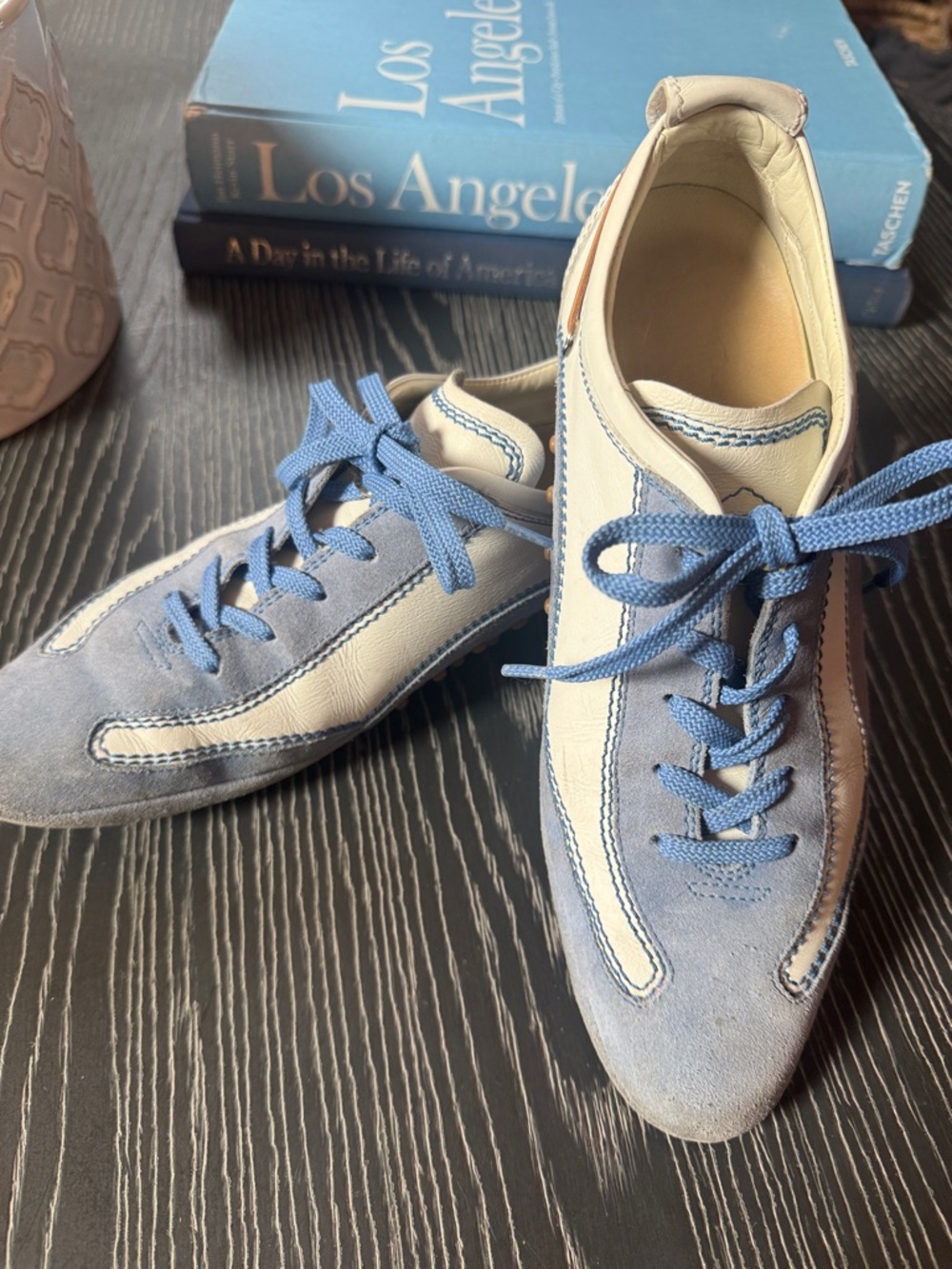 Tod’s Blue White Suede Leather Bowling Style Lace Up Trainers Size 8